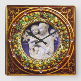 MADONNA MED BARN,ÄNGLAR BLOMMIGT RENAISSANCE KRONA FYRKANTIG KLOCKA