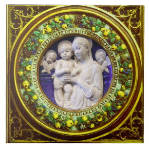 MADONNA MED BARN,ÄNGLAR RENAISSANCE BLOMMIGT KRONA KAKELPLATTA