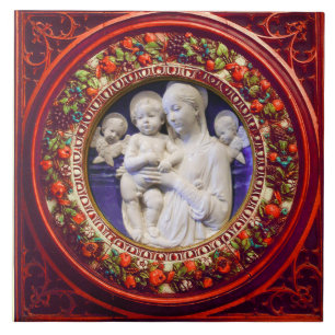 MADONNA MED BARN,ÄNGLAR RENAISSANCE BLOMMIGT KRONA KAKELPLATTA
