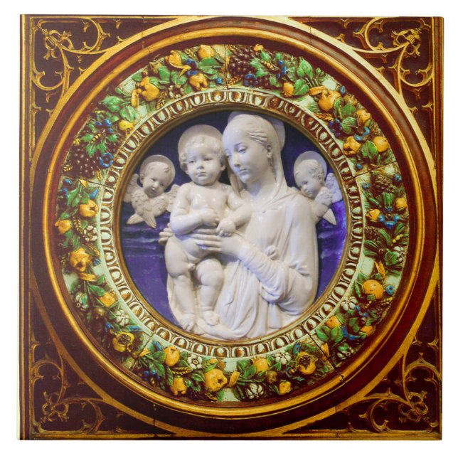 MADONNA MED BARN,ÄNGLAR RENAISSANCE BLOMMIGT KRONA KAKELPLATTA (Framsidan)