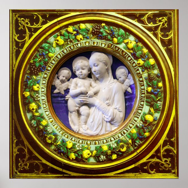 MADONNA MED BARN,ÄNGLAR RENAISSANCE BLOMMIGT KRONA POSTER (Framsidan)