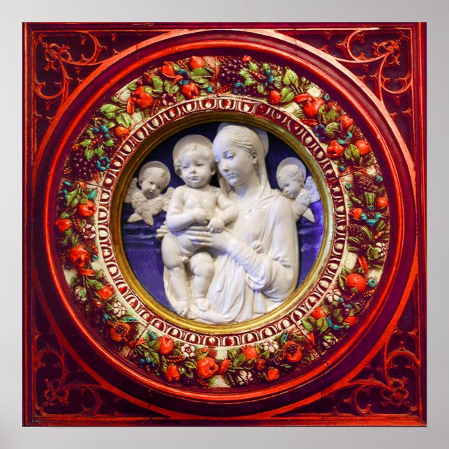 MADONNA MED BARN,ÄNGLAR RENAISSANCE BLOMMIGT KRONA POSTER (Framsidan)