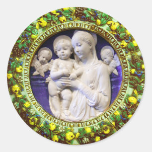 MADONNA MED BARN OCH ÄNGLAR BLOMMIGT KRONA RUNT KLISTERMÄRKE