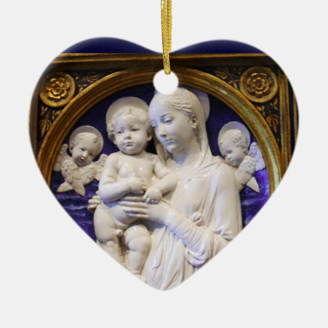 MADONNA MED BARN OCH ÄNGLAR Blue Sapphire Heart Julgransprydnad Keramik (Framsidan)