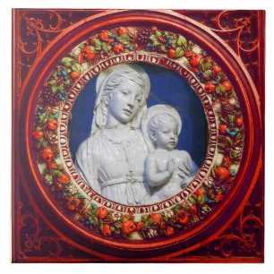 MADONNA MED BARN,RED RENAISSANCE BLOMMIGT KRONA KAKELPLATTA