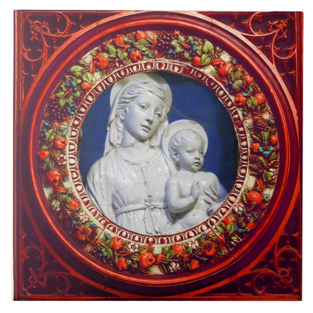 MADONNA MED BARN,RED RENAISSANCE BLOMMIGT KRONA KAKELPLATTA (Framsidan)