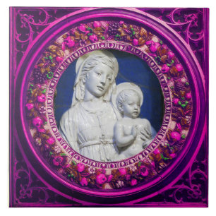 MADONNA MED BARN,ROSA RENAISSANCE BLOMMIGT KRONA KAKELPLATTA