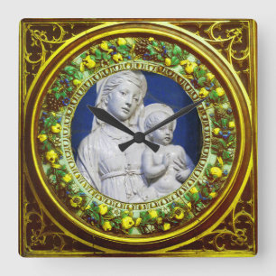 MADONNA MED CHILD GULT BLOMMIGT RENAISSANCE KRONA FYRKANTIG KLOCKA