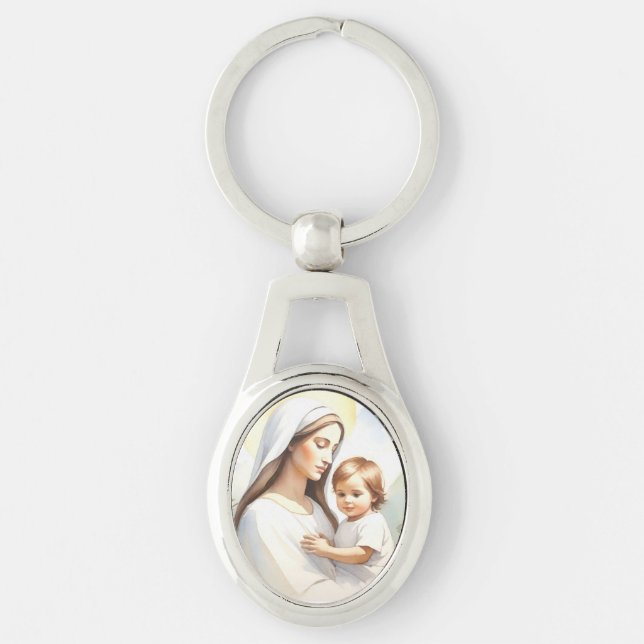 Madonna med Child Jesus Ovalt Silverfärgad Nyckelring (Framsidan)