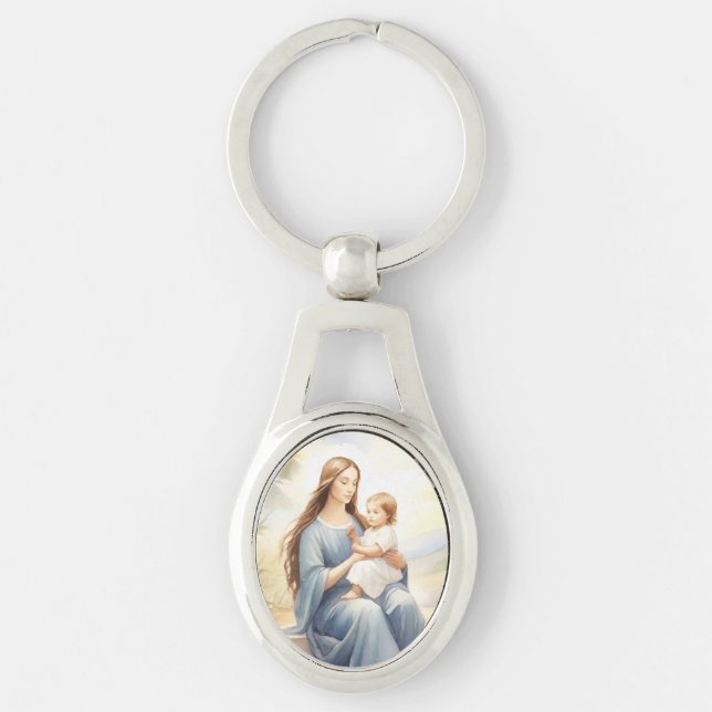 Madonna med Child Jesus Ovalt Silverfärgad Nyckelring (Framsidan)