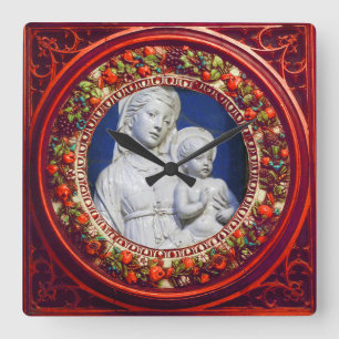 MADONNA MED CHILD RED BLOMMIGT RENAISSANCE KRONA FYRKANTIG KLOCKA