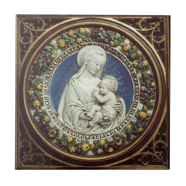 MADONNA MED CHILD RENAISSANCE BLOMMIGT KRONA KAKELPLATTA (Framsidan)