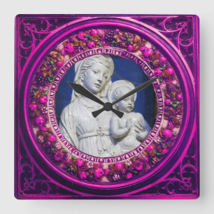 MADONNA MED ROSA BLOMMIGT RENAISSANCE KRONA FYRKANTIG KLOCKA