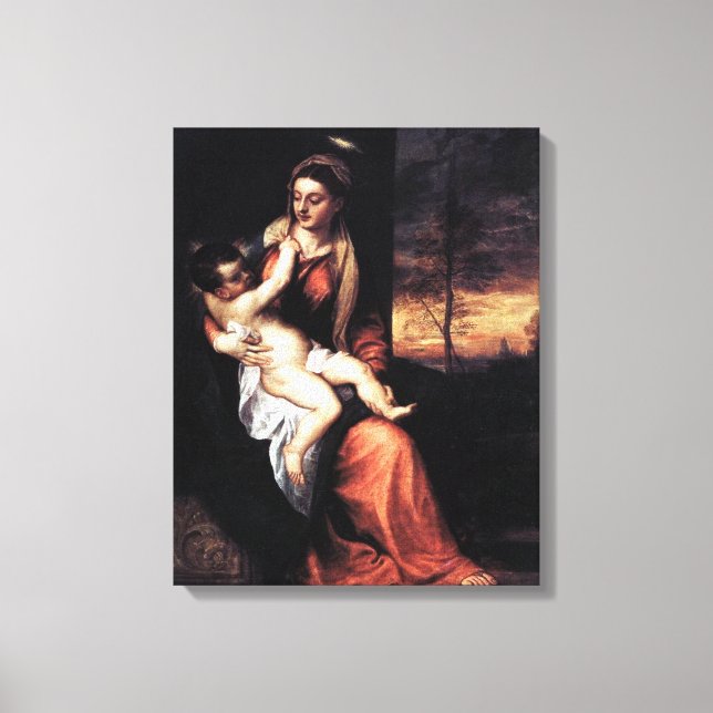 Madonna och barn i ett kvällslandskap - titian canvastryck (Framsida)