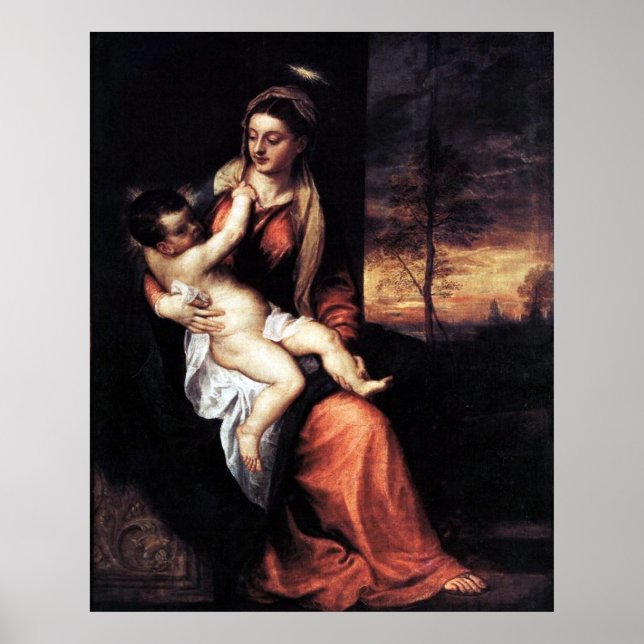 Madonna och barn i ett kvällslandskap - titian poster (Framsidan)
