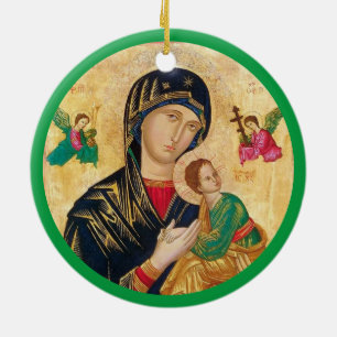 Madonna och barn jul & grön ram julgransprydnad keramik