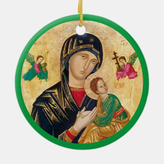 Madonna och barn jul & grön ram julgransprydnad keramik (Baksidan)
