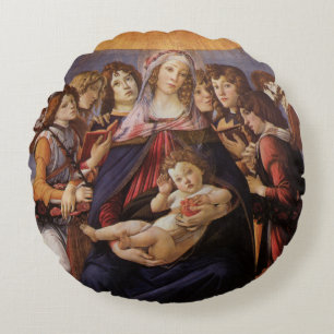 Madonna och barn med änglar av Sandro Botticelli Rund Kudde