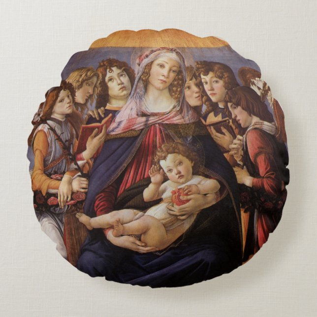 Madonna och barn med änglar av Sandro Botticelli Rund Kudde (Framsidan)