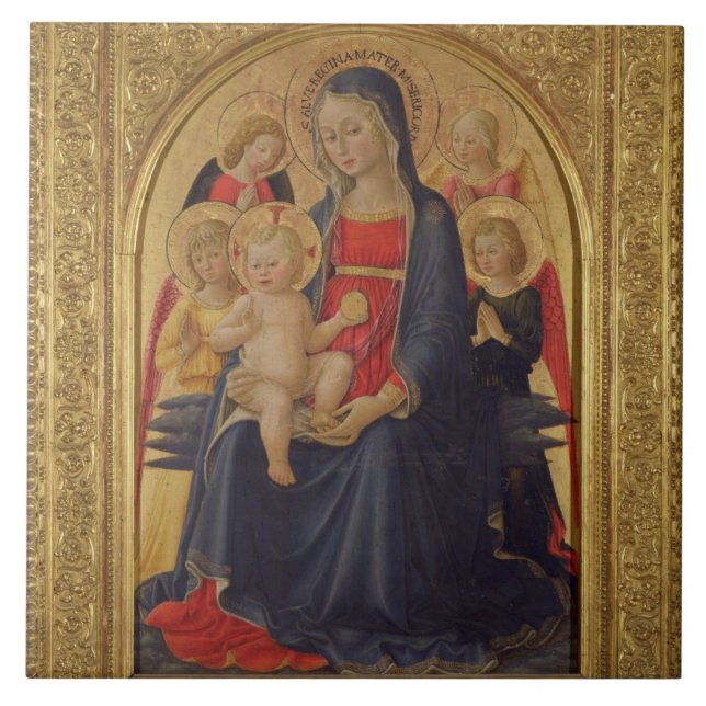 Madonna och barn med änglar, c.1467 (olja förser kakelplatta (Framsidan)