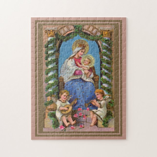 Madonna och barn med Änglar Pussel (Vertikal)
