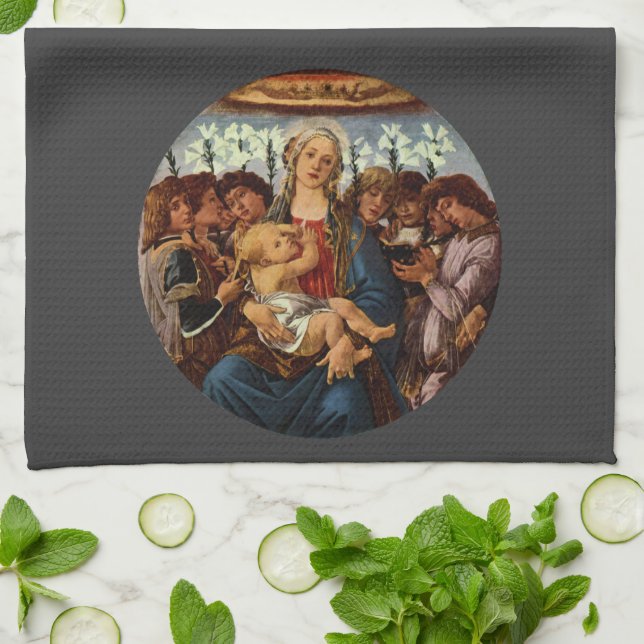 Madonna och barn med åtta änglar av Botticelli Kökshandduk (Vikta)