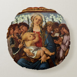 Madonna och barn med åtta änglar av Botticelli Rund Kudde
