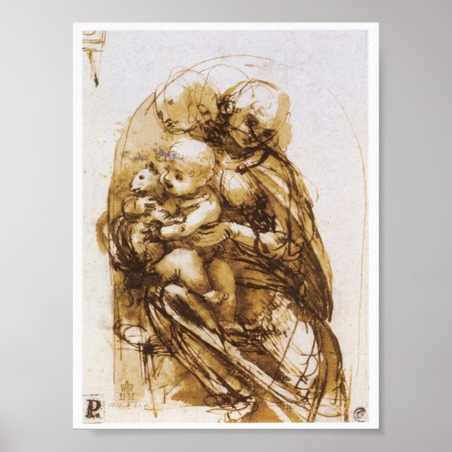 Madonna och barn med en katt, Leonardo da Vinci Poster (Framsidan)