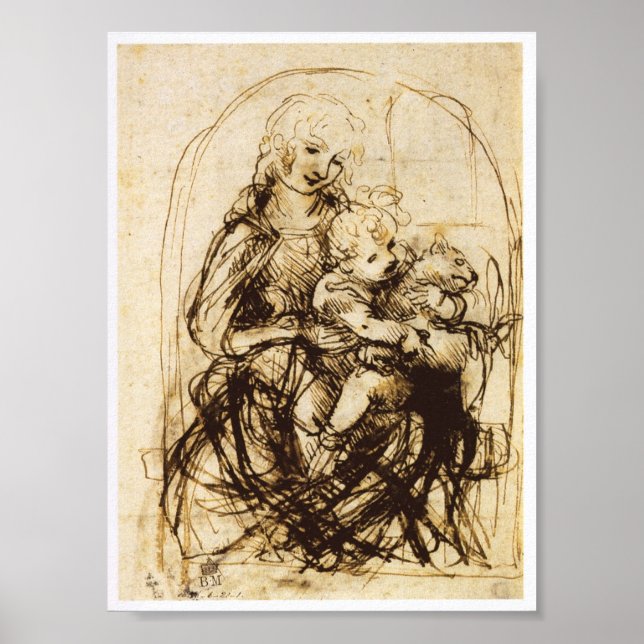 Madonna och barn med en katt, Leonardo da Vinci Poster (Framsidan)