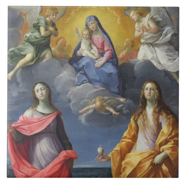 Madonna och barn med St. Lucy och Mary Magdalene Kakelplatta (Framsidan)