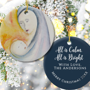 Madonna och barn religiös minnessak mörkblå julgransprydnad keramik