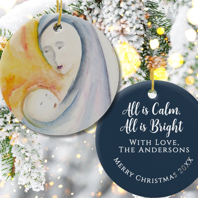 Madonna och barn religiös minnessak mörkblå julgransprydnad keramik (Skapare uppladdad)