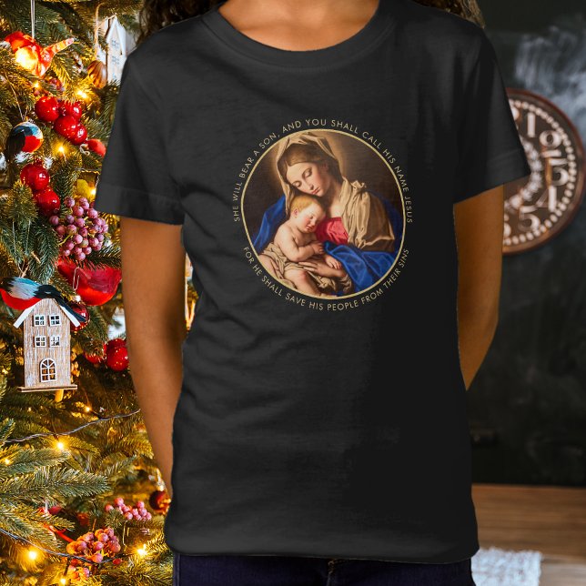 Madonna och Child Christian julgift för flickor T Shirt (Madonna & Child Christian Christmas t-shirt for girls wit h Bible verse)