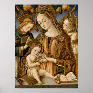 Madonna och Child med Two Änglar Poster