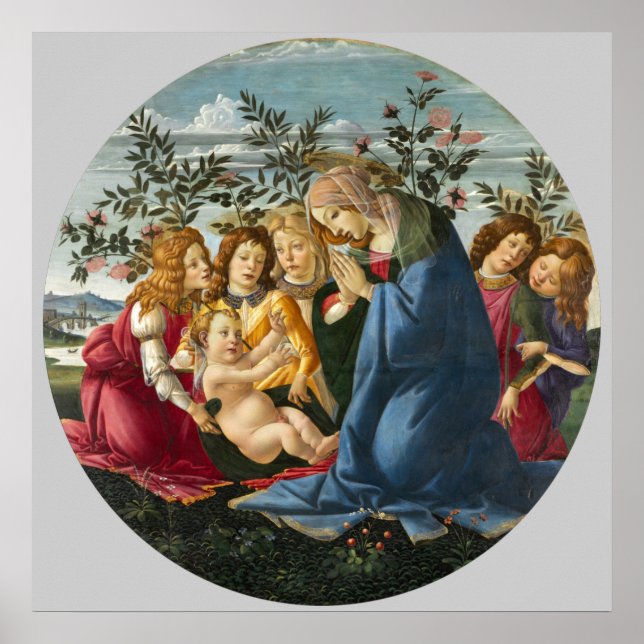 Madonna som tillber barnet med 5 änglar Botticelli Poster (Framsidan)