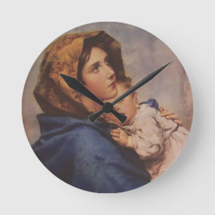 Madonna Virgin Mor Mary med hjälp av Jesus Rund Klocka