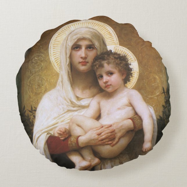 Madonnan med rosorna av Bouguereau Rund Kudde (Baksidan)