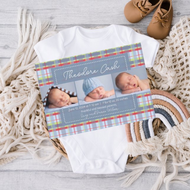 Madras Play Baby Birth Announcement Meddelande (madras plaid, baby announcement template, birth announcement, boy birth announcement, traditional)