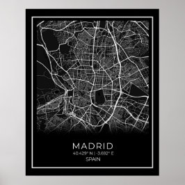 Madrid City Karta - Madrid Black Karta Poster