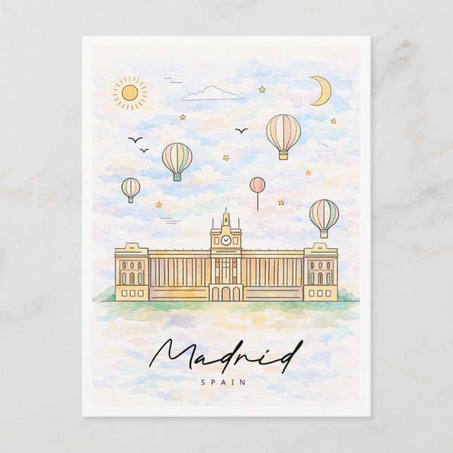 Madrid Skyline Watercolor | Spain Travel Helg Vykort (Framsida)