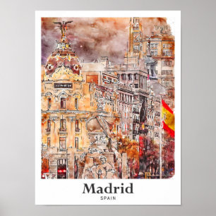 Madrid Spain Art Travel Watercolor Hand plockade Poster