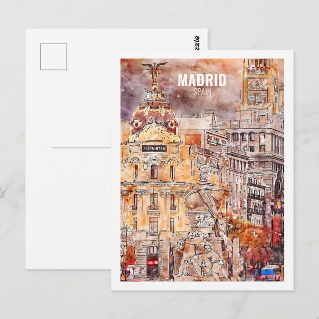 Madrid Spain Berömd Travel Ställe Watercolor Sketc Vykort (Fram/baksida)