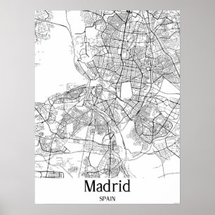 Madrid Spain Black and White City Karta Poster