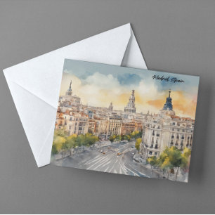 Madrid Spain City Silhouette Watercolor Painting Vykort