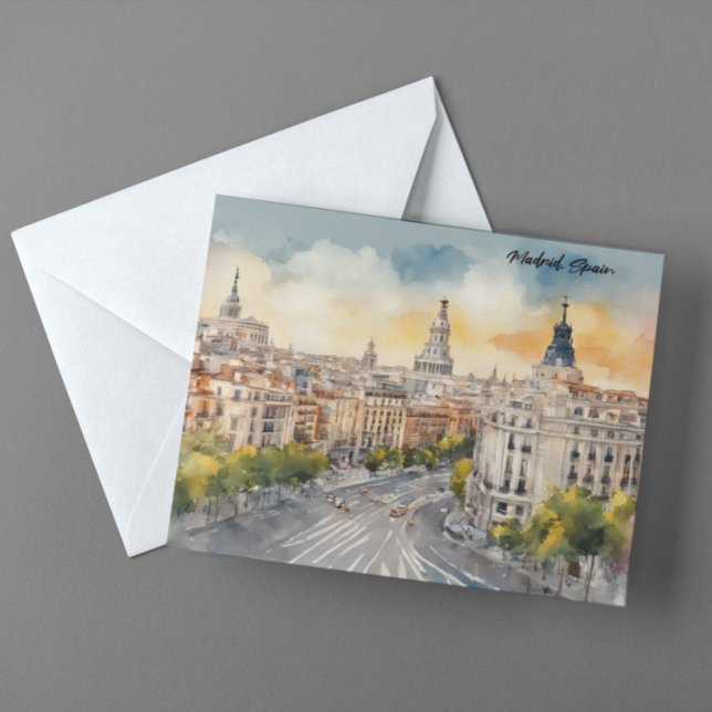 Madrid Spain City Silhouette Watercolor Painting Vykort (madrid spain panorama postcard)