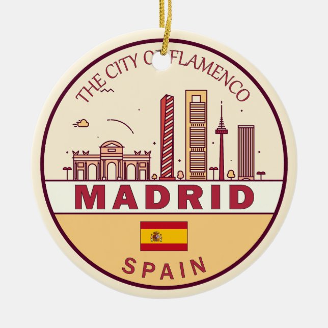 Madrid Spain City Skyline Emblem Julgransprydnad Keramik (Framsidan)