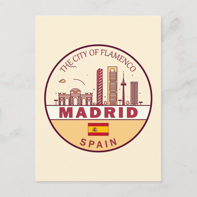 Madrid Spain City Skyline Emblem Vykort (Framsida)