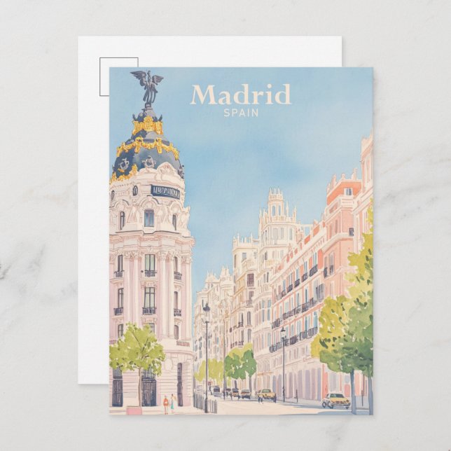 Madrid Spain Gouache Paint Illustration Travel Vykort (Fram/baksida)