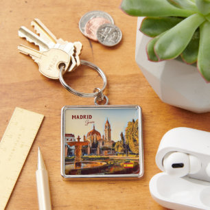 Madrid Spain Travel liggande souvenir Fyrkantig Silverfärgad Nyckelring