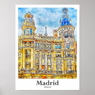 Madrid Spain Travel Watercolor Hand plockade Poster